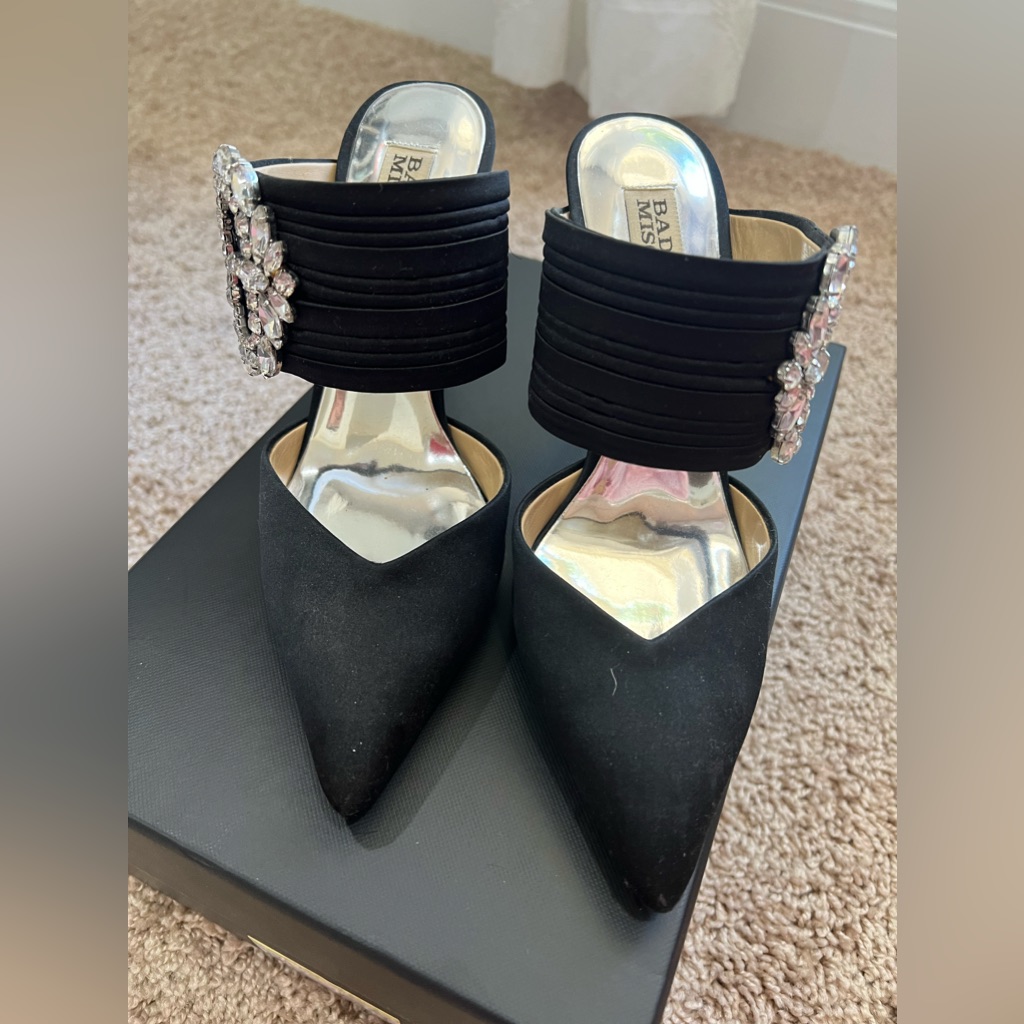 Badgley Mischka Black Crystal Buckle Mules - Size 5